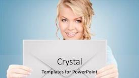  Presentation with virtual talk shows - Audience pleasing theme consisting of e invited - picture of smiling woman showing backdrop and a light gray colored foreground