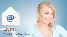  Presentation with virtual - Colorful slide set enhanced with e invited - picture of smiling woman showing backdrop and a sky blue colored foreground