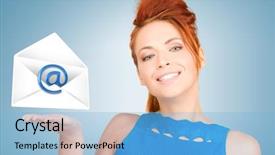 Presentation with virtual - Colorful presentation design enhanced with e invited - picture of smiling woman showing backdrop and a light blue colored foreground