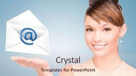  Presentation with virtual talk shows - Cool new slide set with e invited - picture of smiling woman showing backdrop and a lemonade colored foreground