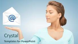  Presentation with virtual talk shows - Cool new theme with e invited - picture of young woman showing backdrop and a sky blue colored foreground