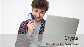  Presentation with credit card - Audience pleasing slide set consisting of e invited - smiling young man standing backdrop and a  colored foreground