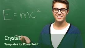  Presentation with learning - Colorful slide deck enhanced with e learning blackboard - student by chalkboard with e backdrop and a forest green colored foreground