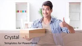  Presentation with mobil home park - Audience pleasing slide deck consisting of e logistics - man receiving parcel at home backdrop and a coral colored foreground