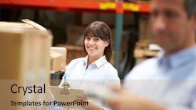  Presentation with logistics warehouse - Amazing theme having e logistics - manager in warehouse with worker backdrop and a coral colored foreground