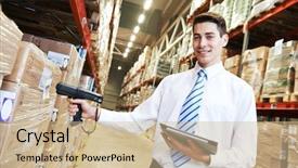  Presentation with logistics warehouse - Cool new slide set with e logistics - manager worker in warehouse backdrop and a soft green colored foreground