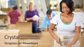  Presentation with dispatch - Audience pleasing slides consisting of e logistics - workers in warehouse preparing goods backdrop and a coral colored foreground