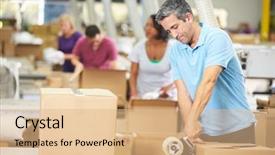  Presentation with dispatch - Amazing PPT theme having e logistics - workers in warehouse preparing goods backdrop and a coral colored foreground