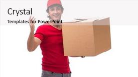  Presentation with young athletes box jumping - Cool new presentation theme with e logistics - young male courier with box backdrop and a white colored foreground