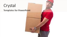  Presentation with courier - Colorful PPT theme enhanced with e logistics - young male courier with box backdrop and a sky blue colored foreground