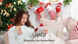  Presentation with money online - PPT layouts featuring e money - young woman shopping online background and a lemonade colored foreground