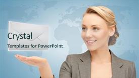  Presentation with woman world - Amazing theme having e news - woman with world map showing backdrop and a sky blue colored foreground