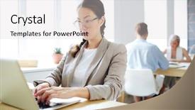  Presentation with reading - Cool new presentation theme with e news - young employee concentrating on reading backdrop and a light gray colored foreground