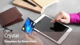  Presentation with credit card icon - PPT theme with e numbers - woman holding credit card background and a gray colored foreground