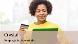  Presentation with african woman - Theme consisting of e payment - happy african woman with tablet background and a soft green colored foreground