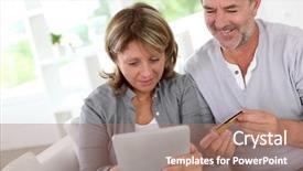  Presentation with credit card icon - Theme with e payment - senior couple using credit card background and a coral colored foreground