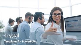  Presentation with employee - Colorful PPT layouts enhanced with e service - smiling employee of the business backdrop and a seafoam green colored foreground