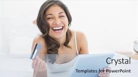  Presentation with cashback online shopping - Theme enhanced with e top up - casual young woman doing online background and a light blue colored foreground