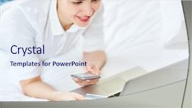  Presentation with webshop - Cool new presentation design with e tourism - smiley girl with smartphone backdrop and a sky blue colored foreground