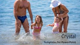  Presentation with summer holiday - Beautiful presentation design featuring young happy couple with cute little daughters having fun while splashing each other in the shallow water of the sea during summer vacation healthy family holiday concept backdrop and a light blue colored foreground
