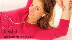  Presentation with listening woman - Colorful slides enhanced with ear buds - beautiful young woman enjoys listening backdrop and a red colored foreground