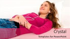  Presentation with listening woman - Slides consisting of ear buds - beautiful young woman enjoys listening background and a  colored foreground