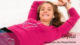  Presentation with beautiful young woman getting face - Presentation theme having ear buds - beautiful young woman enjoys listening background and a  colored foreground