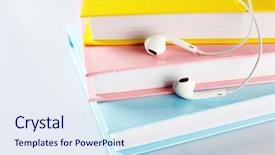  Presentation with ear - PPT theme consisting of ear buds - earphones and books on table background and a sky blue colored foreground
