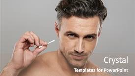  Presentation with bud - Audience pleasing theme consisting of ear buds - image of handsome mature man backdrop and a coral colored foreground