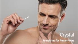  Presentation with bud - Presentation consisting of ear buds - image of handsome mature man background and a  colored foreground