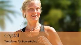  Presentation with girl model - Audience pleasing PPT theme consisting of ear buds - running woman sweating workout backdrop and a coral colored foreground