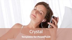  Presentation with laydy and music - Audience pleasing presentation theme consisting of ear buds - young woman listening to music backdrop and a  colored foreground