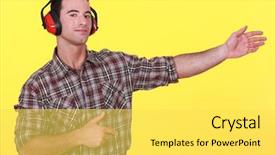  Presentation with anonymous invisible face in urban - Audience pleasing presentation theme consisting of ear defenders - man wearing earmuffs presenting backdrop and a yellow colored foreground