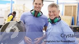  Presentation with class - Beautiful slide deck featuring ear defenders - student and teacher in carpentry backdrop and a light blue colored foreground