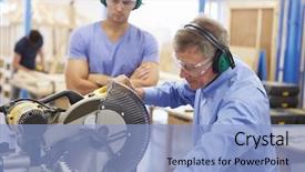  Presentation with class - Beautiful slides featuring ear defenders - student and teacher in carpentry backdrop and a light blue colored foreground