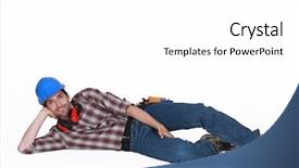  Presentation with sun rise back ground - Presentation having ear defenders - tradesman lying on the ground background and a white colored foreground