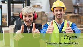  Presentation with ear - Beautiful presentation theme featuring ear defenders - warehouse worker and his manager backdrop and a yellow colored foreground
