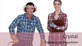  Presentation with apprentice - Cool new presentation theme with ear defenders - woman evaluating her apprentice backdrop and a  colored foreground