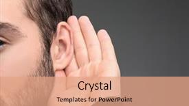  Presentation with hearing - PPT theme consisting of ear diagnosis - young man with hearing problem background and a coral colored foreground