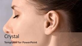  Presentation with hearing - Colorful presentation enhanced with ear diagnosis - young woman with hearing problem backdrop and a coral colored foreground