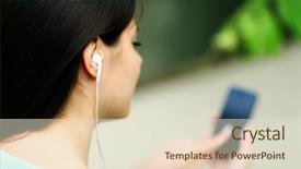  Presentation with listening woman - PPT theme enhanced with tablet pc device with security padlock on screen in hands of doctor background and a light gray colored foreground