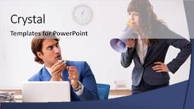  Presentation with hearing aid - PPT theme consisting of ear listening speaker - deaf employee using hearing aid background and a  colored foreground