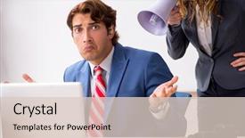  Presentation with hearing aid - Theme enhanced with ear listening speaker - deaf employee using hearing aid background and a  colored foreground