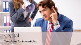  Presentation with hearing aid - Presentation with ear listening speaker - deaf employee using hearing aid background and a  colored foreground