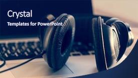  Presentation with speaker - Slides having ear listening speaker - headphones on the laptop background and a navy blue colored foreground