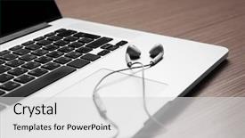  Presentation with speaker - Cool new PPT layouts with ear listening speaker - laptop and earphones backdrop and a light gray colored foreground