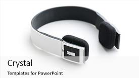  Presentation with wireless - Colorful slide set enhanced with ear listening speaker - wireless headphones on white background backdrop and a  colored foreground