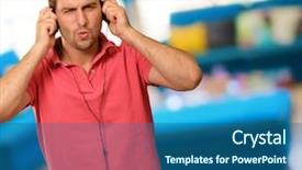  Presentation with headphones - Audience pleasing PPT theme consisting of ear listening speaker - young man holding headphones indoor backdrop and a ocean colored foreground