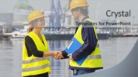  Presentation with industrial - Colorful theme enhanced with ear plug - two dockers greeting eachother backdrop and a light gray colored foreground