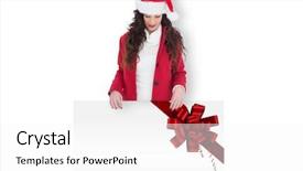  Presentation with christmas ribbon festive - Colorful PPT layouts enhanced with ear presentations - festive brunette showing white poster backdrop and a  colored foreground
